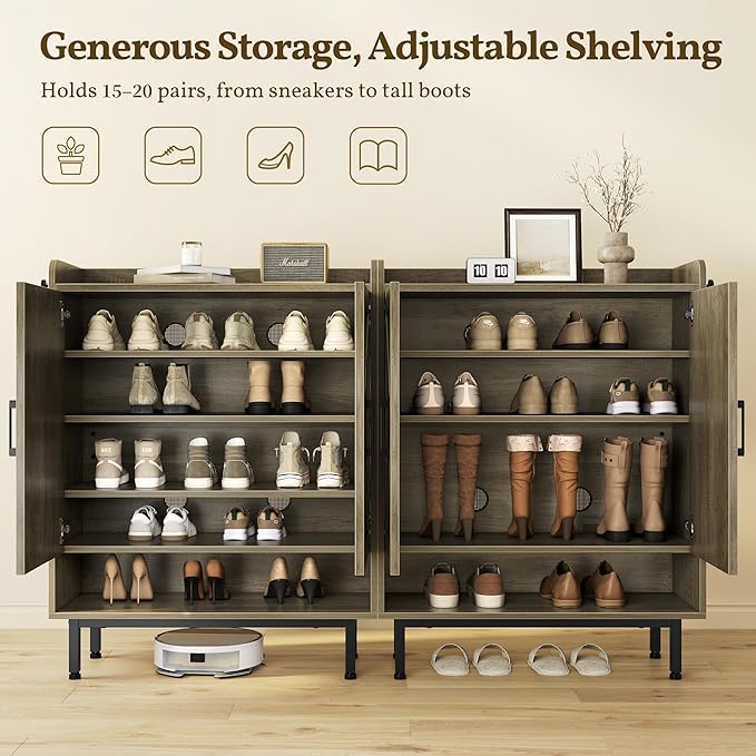 Yaheetech Shoe Storage Cabinet with Barn-Inspired Doors, 6-Tier Shoe Cabinet with Adjustable Shelves & Side Hooks, Compact Shoe Rack Organizer Cabinet for Entryway, Hallway, Gray