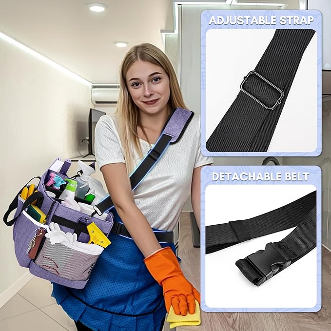 Ytonet Cleaning Caddy, Wearable Cleaning Supplies Organizer with 4 Foldable Dividers, Large Cleaning Caddy for Cleaning Supplies with Handle and Shoulder Straps, Cleaning Bags for Housekeepers, Purple