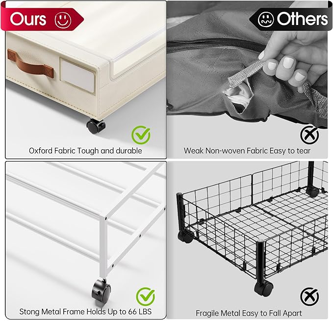 Yecaye Under Bed Storage with Wheels, 2 Pack Under Bed Storage Containers, 60L Underbed Shoe Storage with Clear Window & Label, Rolling Under Bed Metal Drawer for Clothes, Shoes,Toys, Books, Blankets