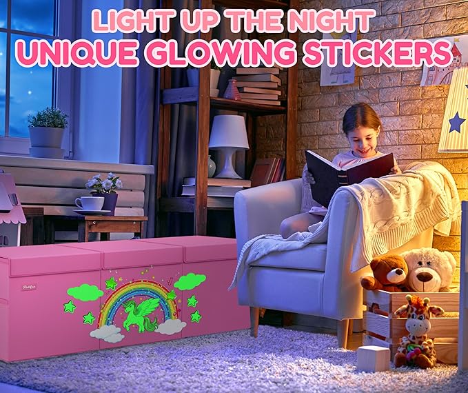XL Unicorn Toy Box - Foldable & Collapsible Cardboard Toy Chest Storage, Glow in the Dark Stickers - Extra Large Organizer with Lid, Kids Storage with Removable Dividers & Mesh Pocket - Pink