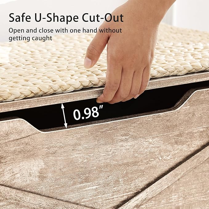 VECELO Storage Chest, 43.3in Wooden Bench for Storage with Safety Metal Hinges and Wicker Mat,Entryway Shoe Trunk Industrial Style for Bedroom Living Room,Burly Wood