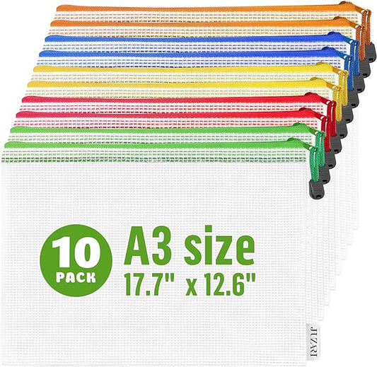 10 Pack Mesh Zipper Pouch Bags A3-12x18 - Plastic Zipper Pouches for Organizing - Board Game Bags - Puzzle Organizer Bag - Large Zippered Pouch Bag - Mesh Pouches with Zippered - Puzzle Storage