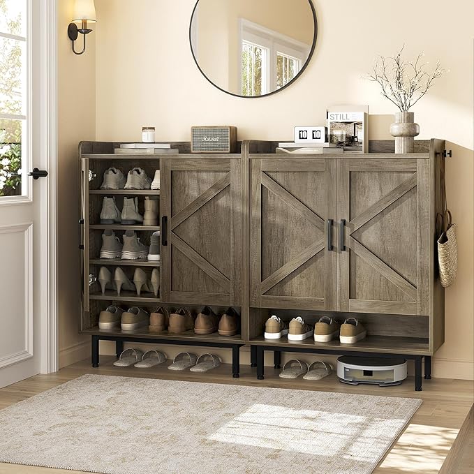 Yaheetech Shoe Storage Cabinet with Barn-Inspired Doors, 6-Tier Shoe Cabinet with Adjustable Shelves & Side Hooks, Compact Shoe Rack Organizer Cabinet for Entryway, Hallway, Gray