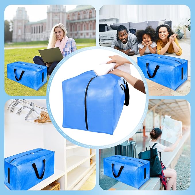 12 Pack Large Strong Moving Bags with Zippers & Carrying Handles - Water-Resistant - Heavy Duty Storage Tote for Space Saving, Fold Flat, Alternative to Moving Box (Sky Blue)