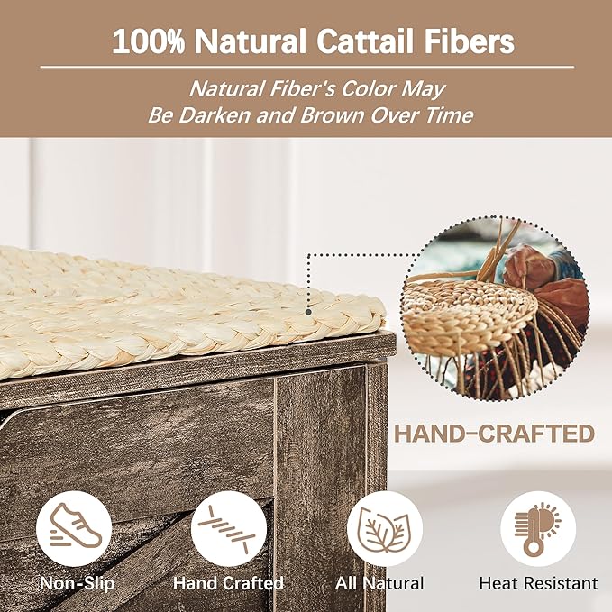 VECELO 30" Storage Chest with Lift Top Storage, Farmhouse Style Ottoman with Handwoven Wicker Cushion, Safety Hinges, Ideal for Entryway, Bedroom, Living Room, Walnut Brown