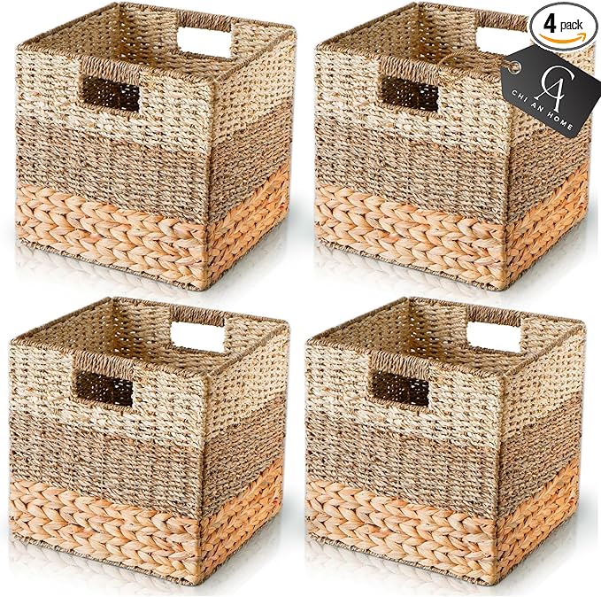 11 Inch Cube Storage Bins, Wicker Storage Baskets for Cube Shelf, Natural Foldable Square Baskets for Storage, Large Woven Storage Bin with Handle, Baskets for Pantry, Living Room Set of 4