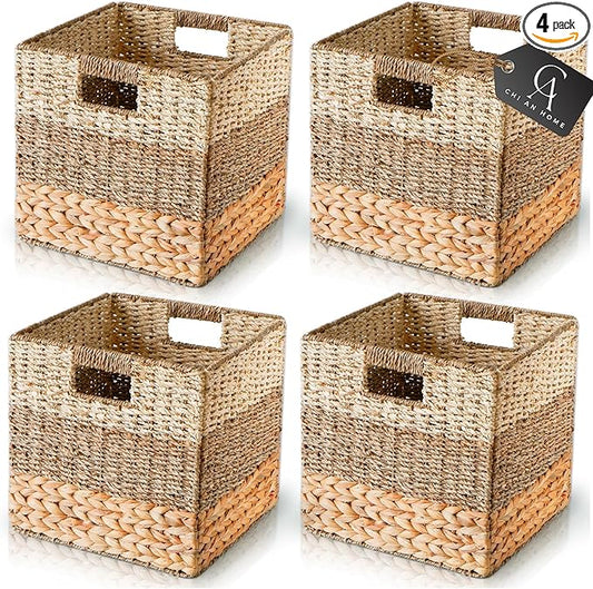 13x13x13 Storage Cube Bins Wicker Storage Basket for Cube Shelf, Natural Foldable Square Baskets for Storage, Large Woven Cube Storage Bin with Handle, Baskets for Pantry, Bedroom Set of 4