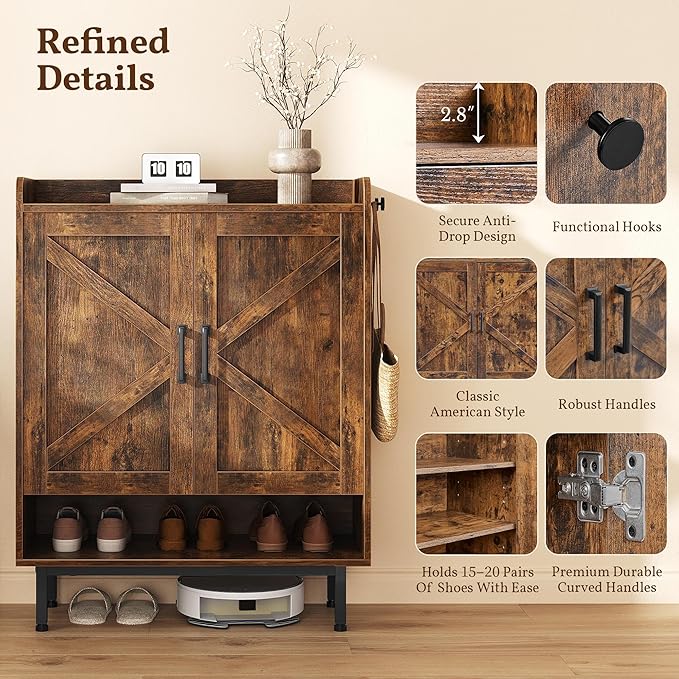 Yaheetech Shoe Storage Cabinet with Barn-Inspired Doors, 6-Tier Shoe Cabinet with Adjustable Shelves & Side Hooks, Compact Shoe Rack Organizer Cabinet for Entryway, Hallway, Rustic Brown