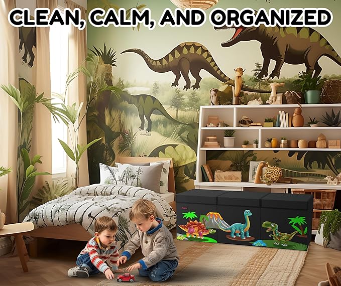XL Dinosaur Toy Box - Foldable & Collapsible Cardboard Toy Chest Storage, Cute Dinosaur Design - Extra Large Organizer with Lid, Kids Storage with Removable Dividers & Mesh Pocket - Black