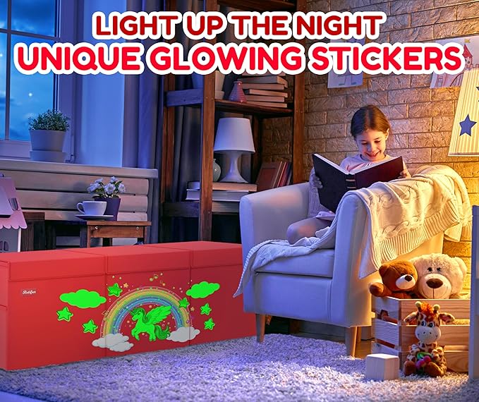 XL Unicorn Toy Box - Foldable & Collapsible Cardboard Toy Chest Storage, Glow in the Dark Stickers - Extra Large Organizer with Lid, Kids Storage with Removable Dividers & Mesh Pocket - Red