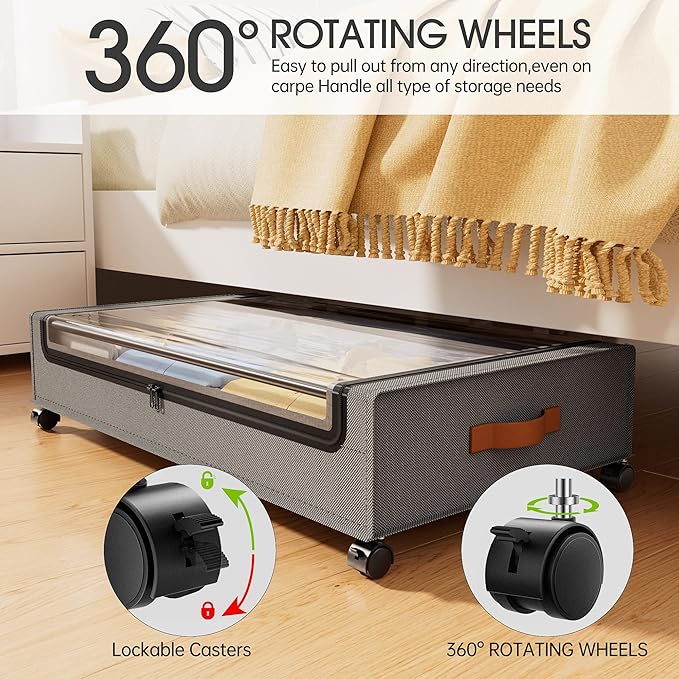 Yecaye Under Bed Storage with Wheels, 2 Pack Under Bed Storage Containers, Large Under Bed Rolling Storage with Clear Window & Label, Bedroom Storage Organizer for Clothes, Shoes,Toys, Books, Blankets