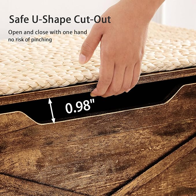 VECELO 43.3" Storage Chest with Lift Top Storage, Farmhouse Style Ottoman with Handwoven Wicker Cushion, Safety Hinges, Ideal for Entryway, Bedroom, Living Room, Walnut Brown