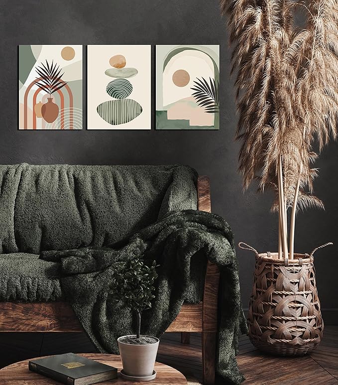 ZHAOSHOP Boho Art Wall-Decor - Green Canvas Wall Art For Bedroom - 3 Piece Wall Art Decor Stretched and Framed Ready To Hang Size 16" x 12"