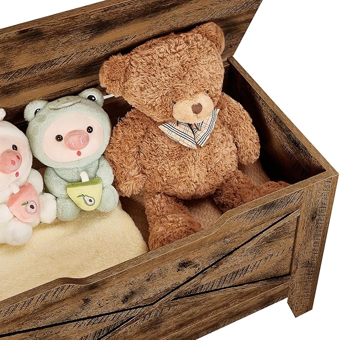 VECELO 30" Storage Chest with Lift Top Storage, Farmhouse Style Ottoman with Handwoven Wicker Cushion, Safety Hinges, Ideal for Entryway, Bedroom, Living Room, Walnut Brown