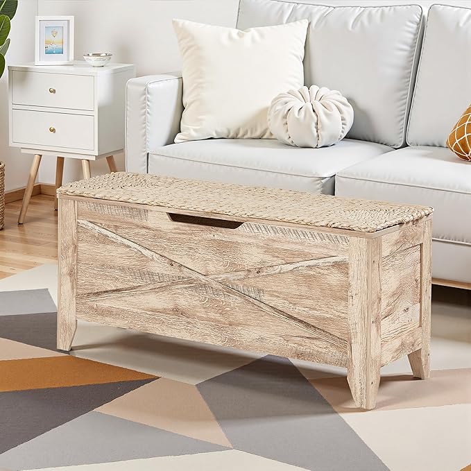 VECELO Storage Chest, 43.3in Wooden Bench for Storage with Safety Metal Hinges and Wicker Mat,Entryway Shoe Trunk Industrial Style for Bedroom Living Room,Burly Wood