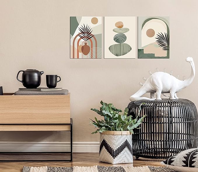 ZHAOSHOP Boho Art Wall-Decor - Green Canvas Wall Art For Bedroom - 3 Piece Wall Art Decor Stretched and Framed Ready To Hang Size 16" x 12"