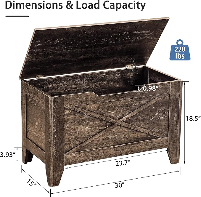 VECELO 30" Storage Chest with Lift Top Storage, Farmhouse Style Ottoman with Handwoven Wicker Cushion, Safety Hinges, Ideal for Entryway, Bedroom, Living Room, Walnut Brown
