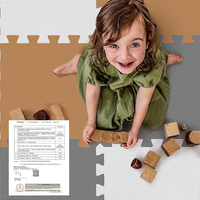 16 Tiles Baby Play Mat for Floor, EVA Foam Baby Floor Play Mat with 0.6 Inch Thick Interlocking Foam Tiles, Foam Floor Tiles for Baby, Toddlers and Kids (White-Brown-Grey, 16PCS)