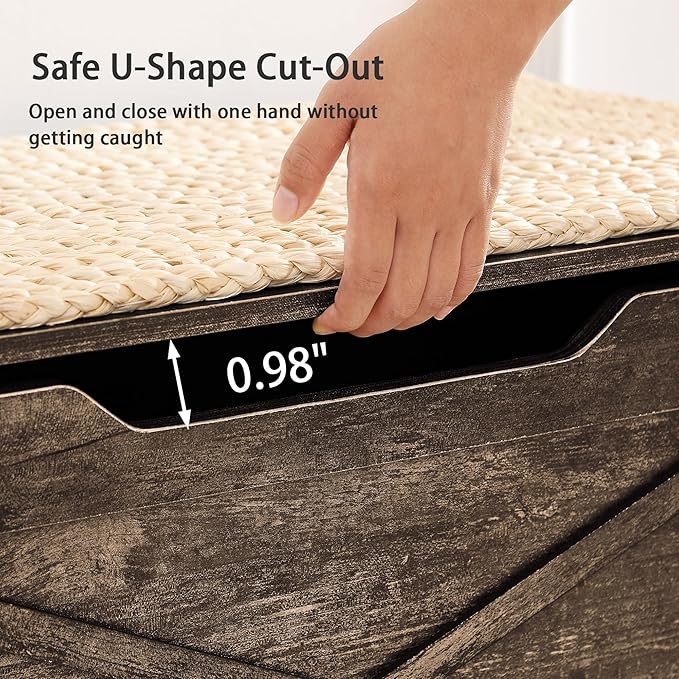 VECELO 30" Storage Chest with Lift Top Storage, Farmhouse Style Ottoman with Handwoven Wicker Cushion, Safety Hinges, Ideal for Entryway, Bedroom, Living Room, Walnut Brown