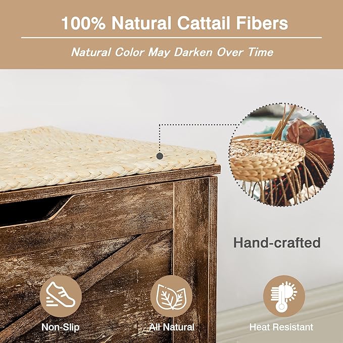 VECELO 43.3" Storage Chest with Lift Top Storage, Farmhouse Style Ottoman with Handwoven Wicker Cushion, Safety Hinges, Ideal for Entryway, Bedroom, Living Room, Walnut Brown