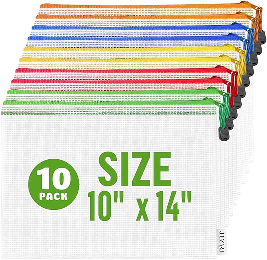 10 Pack Mesh Zipper Pouch Bags 10x14 inch - Plastic Zipper Pouches for Organizing - Document Bags With Zippers - Letter Size Zippered Pouch - Document Pouches With Zippers