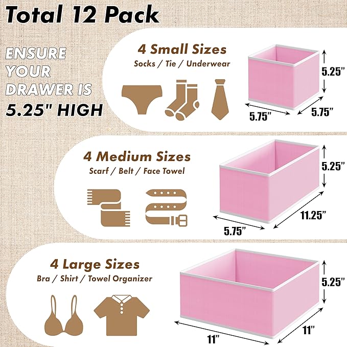 SIMPLE HOUSEWARE Foldable Drawer Organizer for Clothes/Underwear/Panty/Onesie Stocking Bin, Set of 12, Pink
