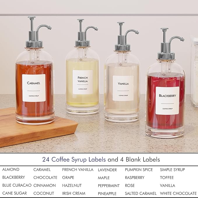 16.9 oz/500 ml Coffee Syrup Dispenser Set - 4 Glass Bottles with Silver Pumper and Syrup Labels - Precise Dispensing and Stylish Addition to Coffee Shop, Cafe or Home Bar