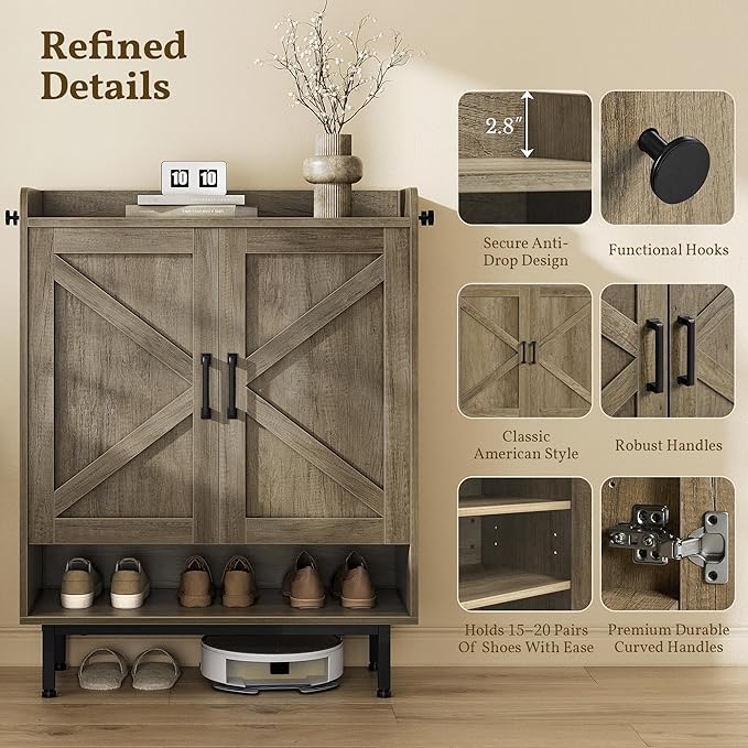 Yaheetech Shoe Storage Cabinet with Barn-Inspired Doors, 6-Tier Shoe Cabinet with Adjustable Shelves & Side Hooks, Compact Shoe Rack Organizer Cabinet for Entryway, Hallway, Gray