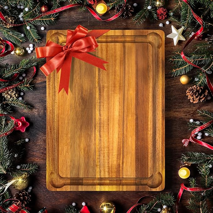 Yes4All Extra Large Acacia Wood Cutting Board for Kitchen, 24''L x 15''W x 1.5'' Thick, Durable Edge Grain Design with Juice Grooves, Pre-Oiled, Easy Grip Handle, Ideal for Chopping and Serving