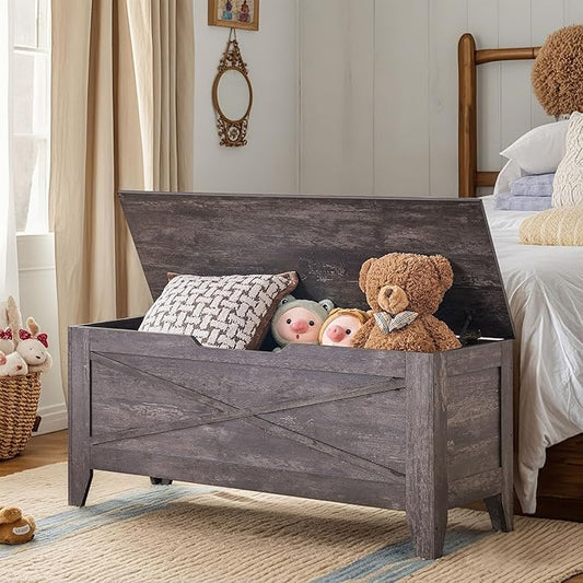 VECELO 43.3" Storage Chest with Lift Top Storage, Farmhouse Style Ottoman with Handwoven Wicker Cushion, Safety Hinges, Ideal for Entryway, Bedroom, Living Room, Coal Grey